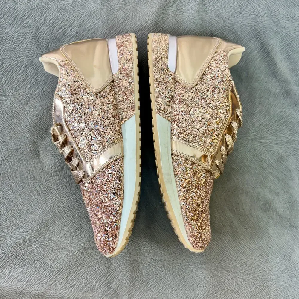 Fashion Sneakers Rose Gold Glitter Synthetic Lace Up Low Top Women's US 6 Qupid